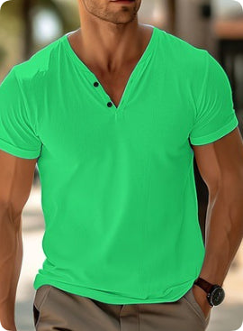 Men's loose short-sleeve henley beach t-shirt, bright green, V-neck with button placket