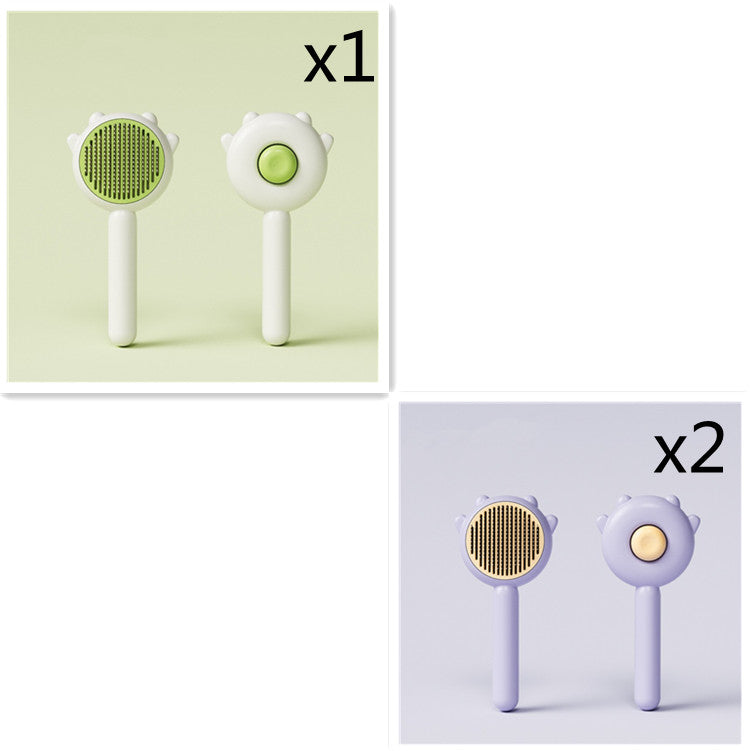 Pet grooming massage comb set with green and purple round bristle brushes on white handles