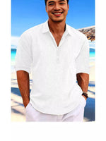 Men's loose pullover shirt, white, button-front V-neck, rolled long sleeves