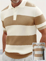 Men's short-sleeve knit polo sweater with cream and tan horizontal color-block stripes