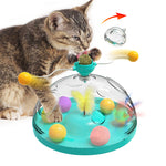 Interactive cat toy turntable with clear dome, teal base, yellow dangling balls and catnip spinners