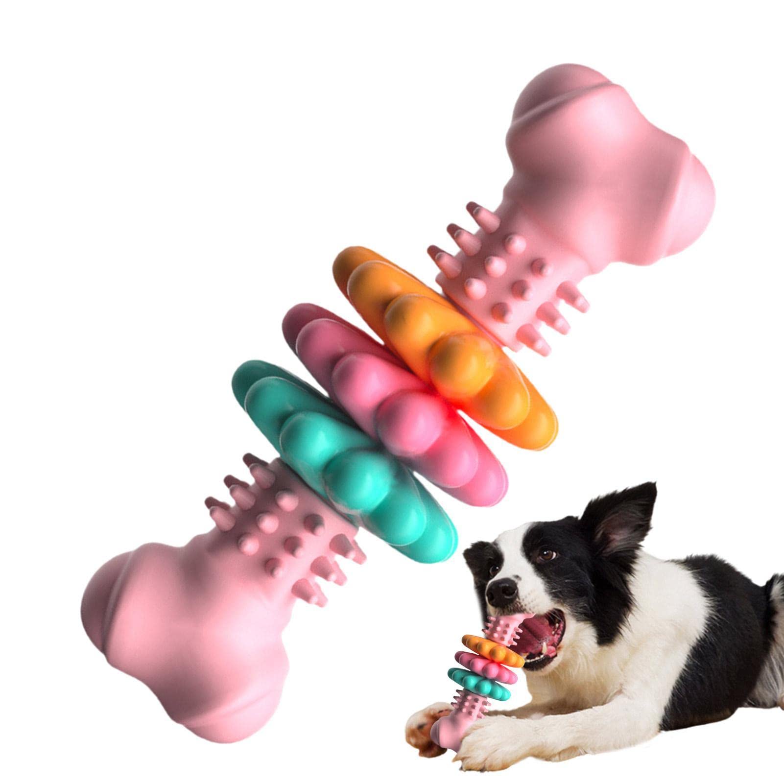 Dog bone chew toy with raised nubs in pink, teal, and orange with pet holding