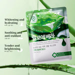 Green aloe sheet mask pouch with plant leaf graphic and facial mask label