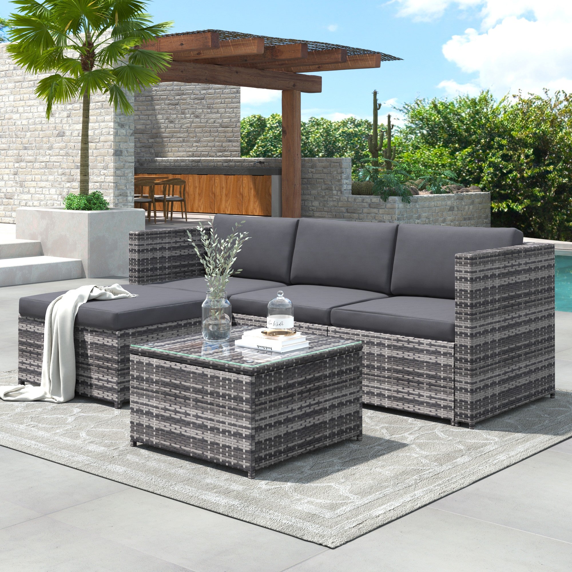 Sofá esquinero de jardín, mueble de patio de ratán, conjunto de jardín para entretenimiento, conjunto de salón de muebles de jardín de ratán, gris