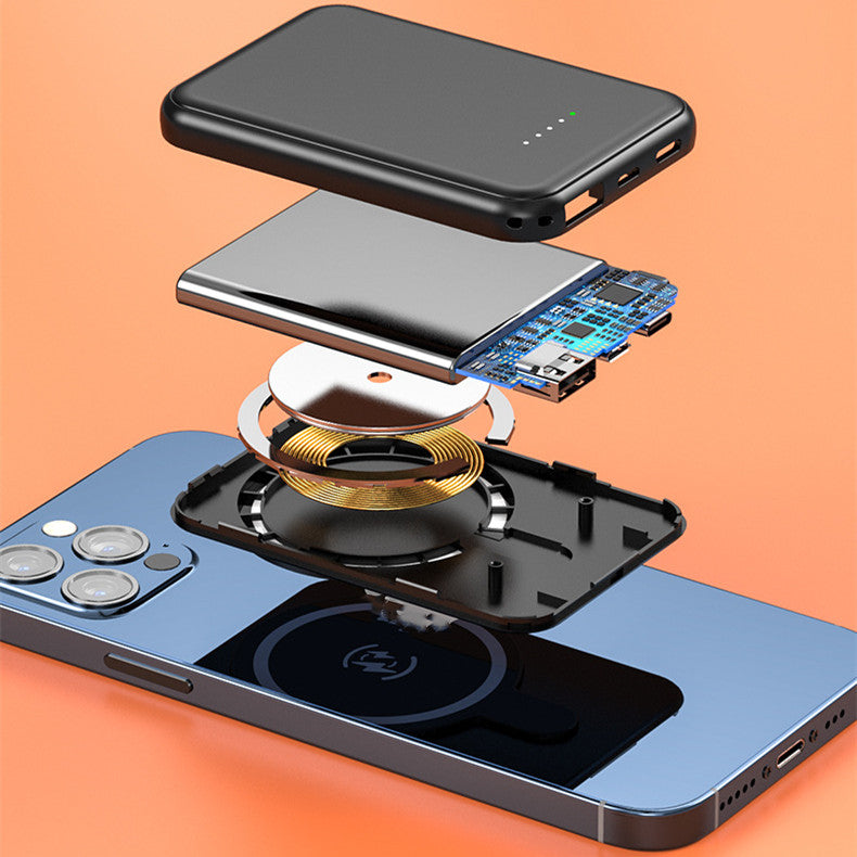 Wireless power bank showing internal charging coil and connector ports