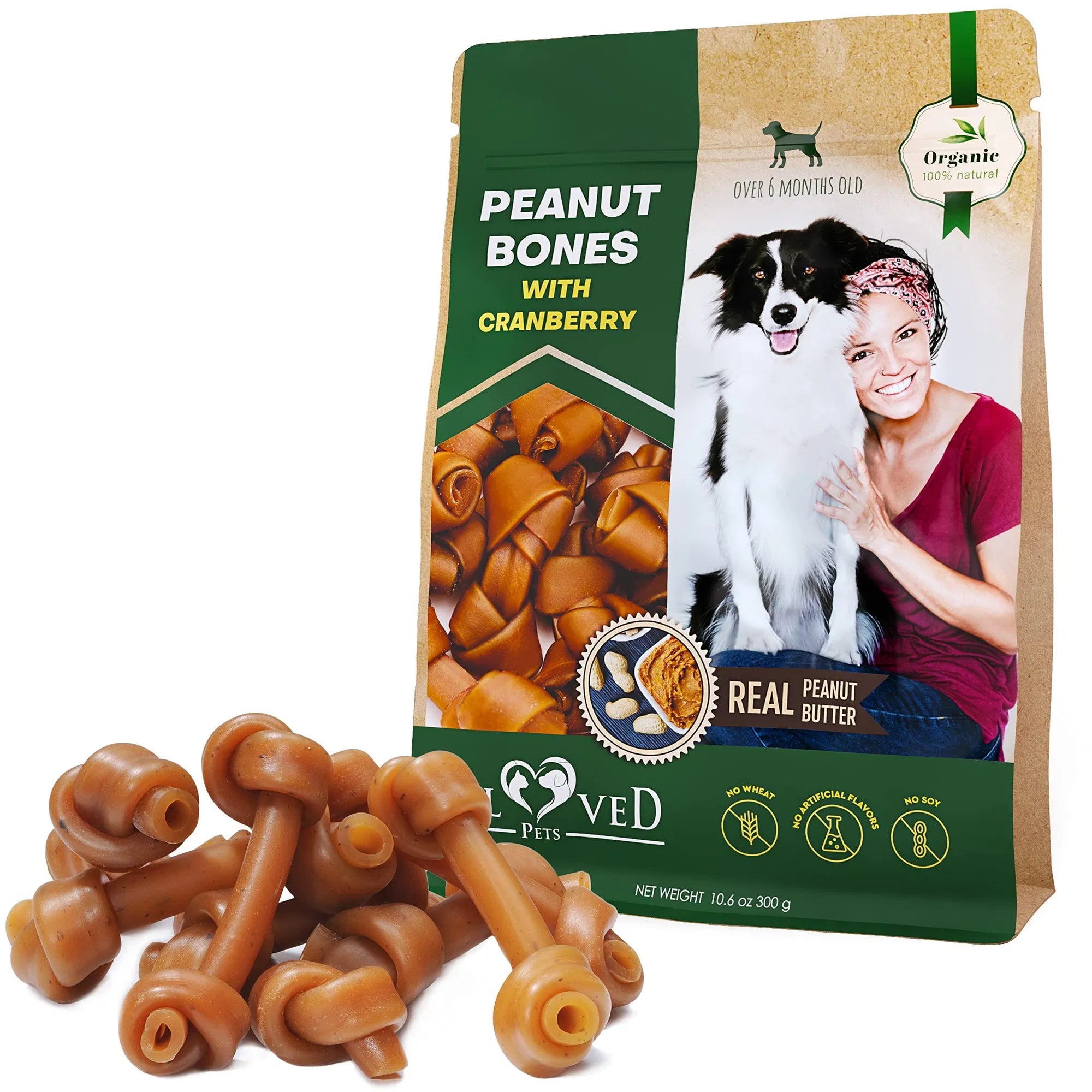Dog treat bag showing peanut bones with cranberry, with brown chew bones in foreground