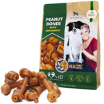 Dog treat bag with peanut bones and cranberry and brown chew bones in front