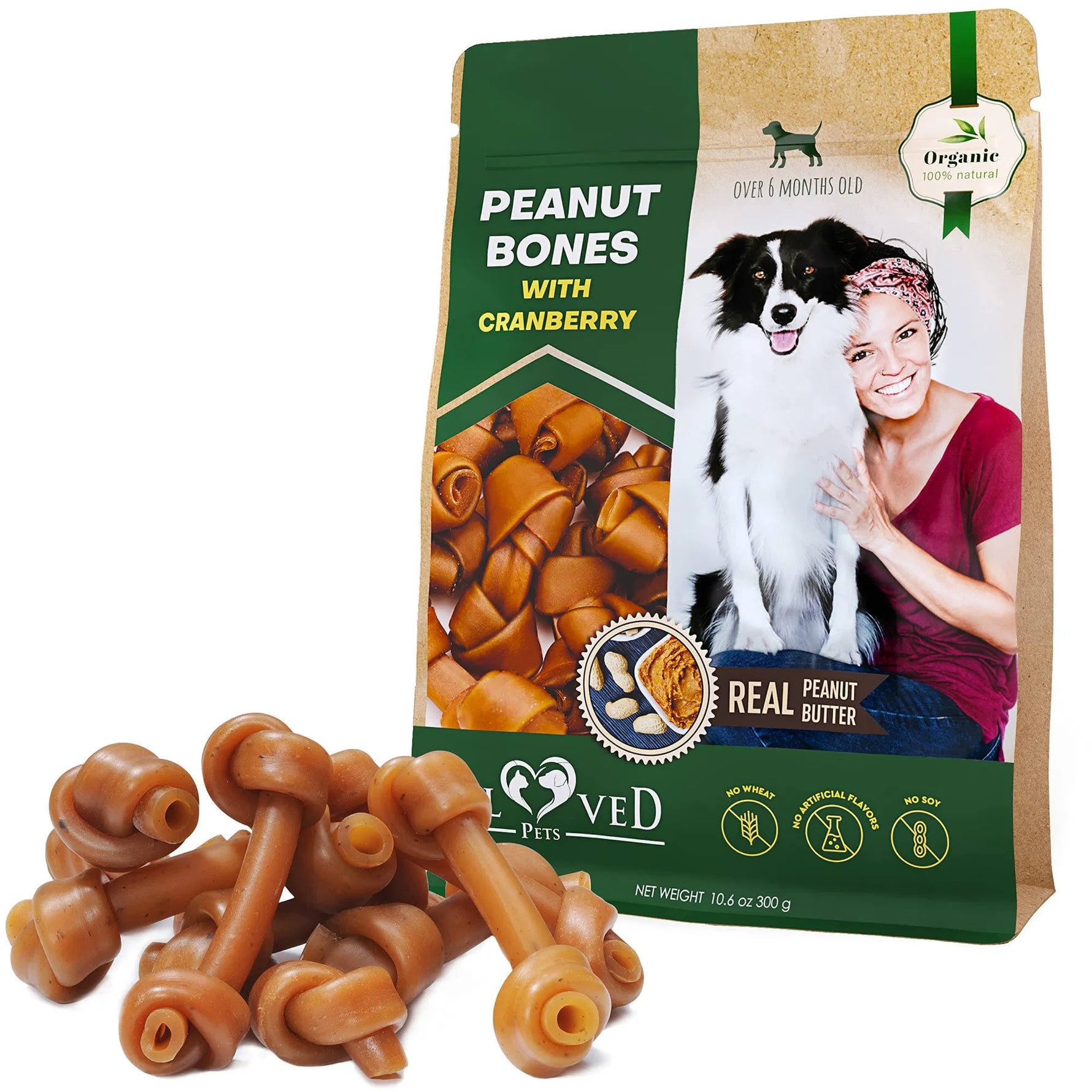 Dog treat bag with peanut bones and cranberry and brown chew bones in front