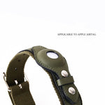 Olive green leather pet collar tracker cover with protective pouch and metal fittings