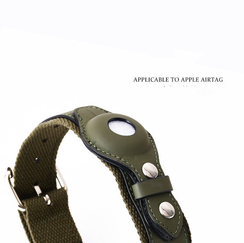 Olive green leather pet collar tracker cover with protective pouch and metal fittings