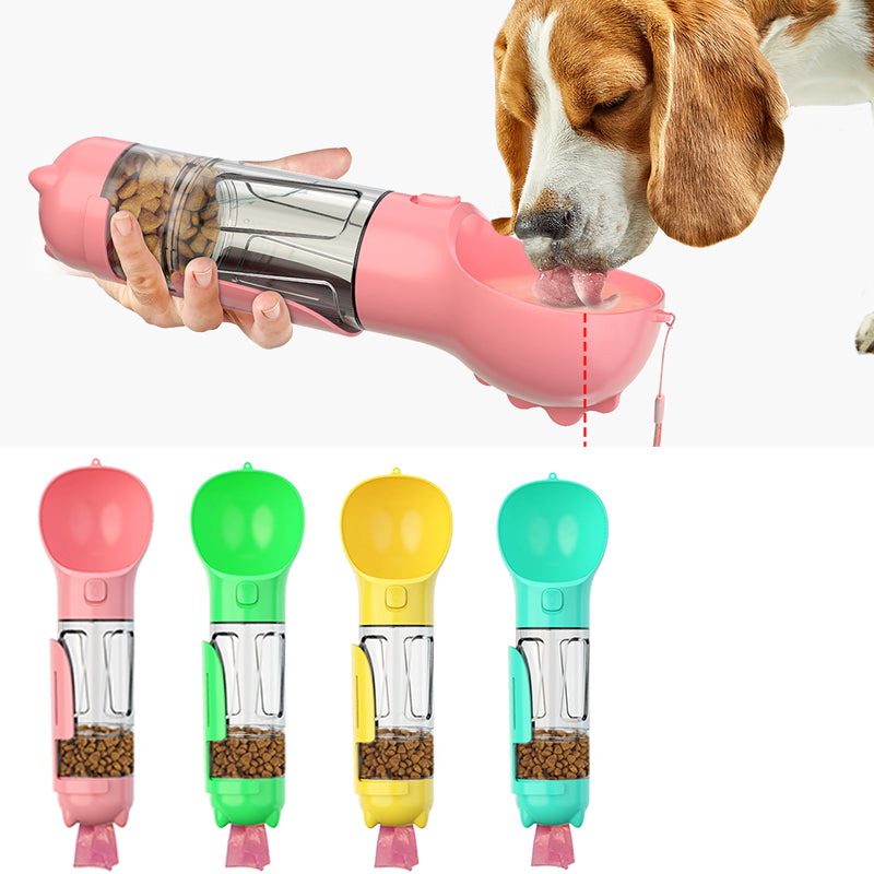Pink 3-in-1 portable dog water bottle with stainless drinking chamber and bag dispenser