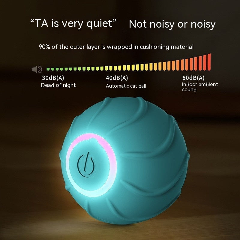 Cushioned interactive cat rolling ball in blue with illuminated power icon