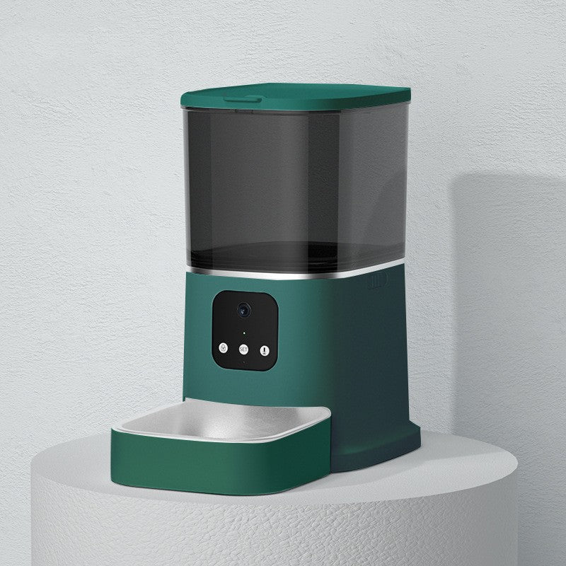 Dark green smart pet feeder with clear storage container and control panel
