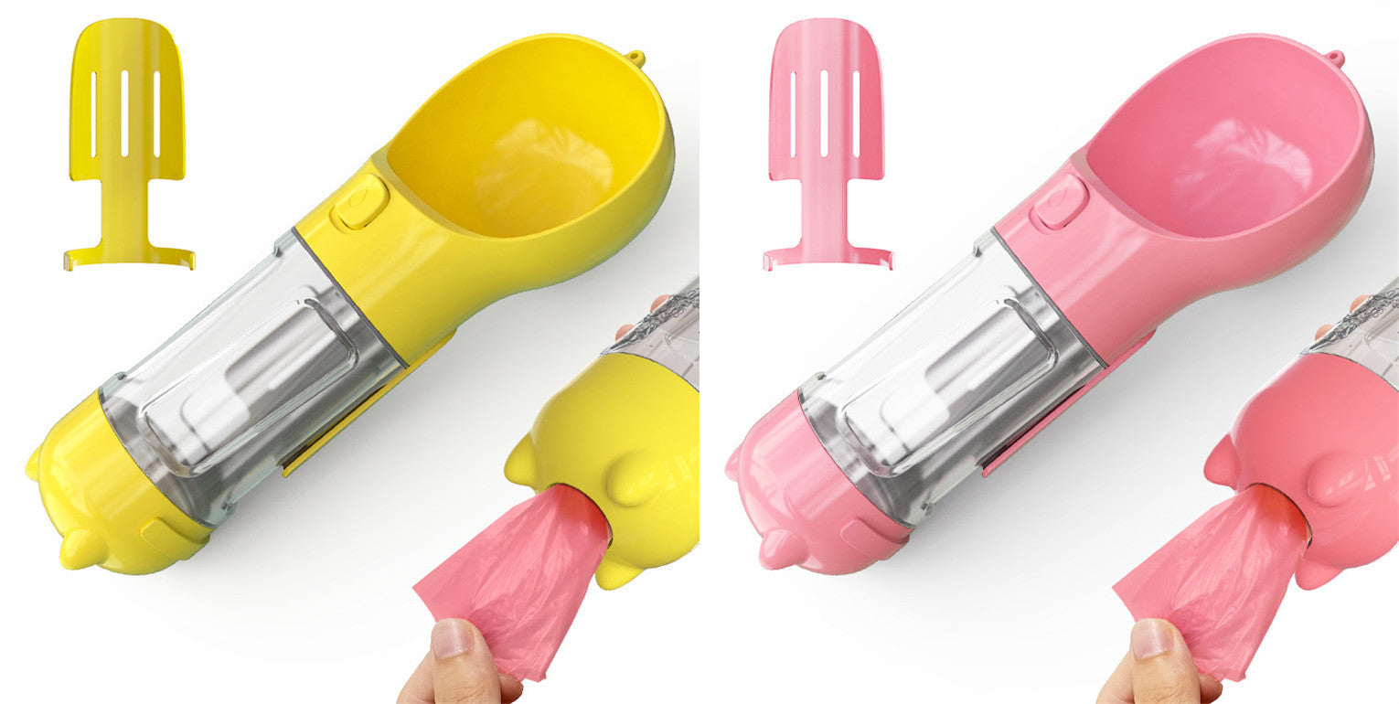 Pet water bottle feeder bowl with waste bag dispenser, yellow and pink color bottles.