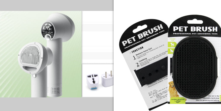 Smart pet hair dryer with brush attachment and pet grooming brush packaging