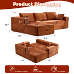 Brown corduroy sectional couch layout with chaise, measurement view and dimensions