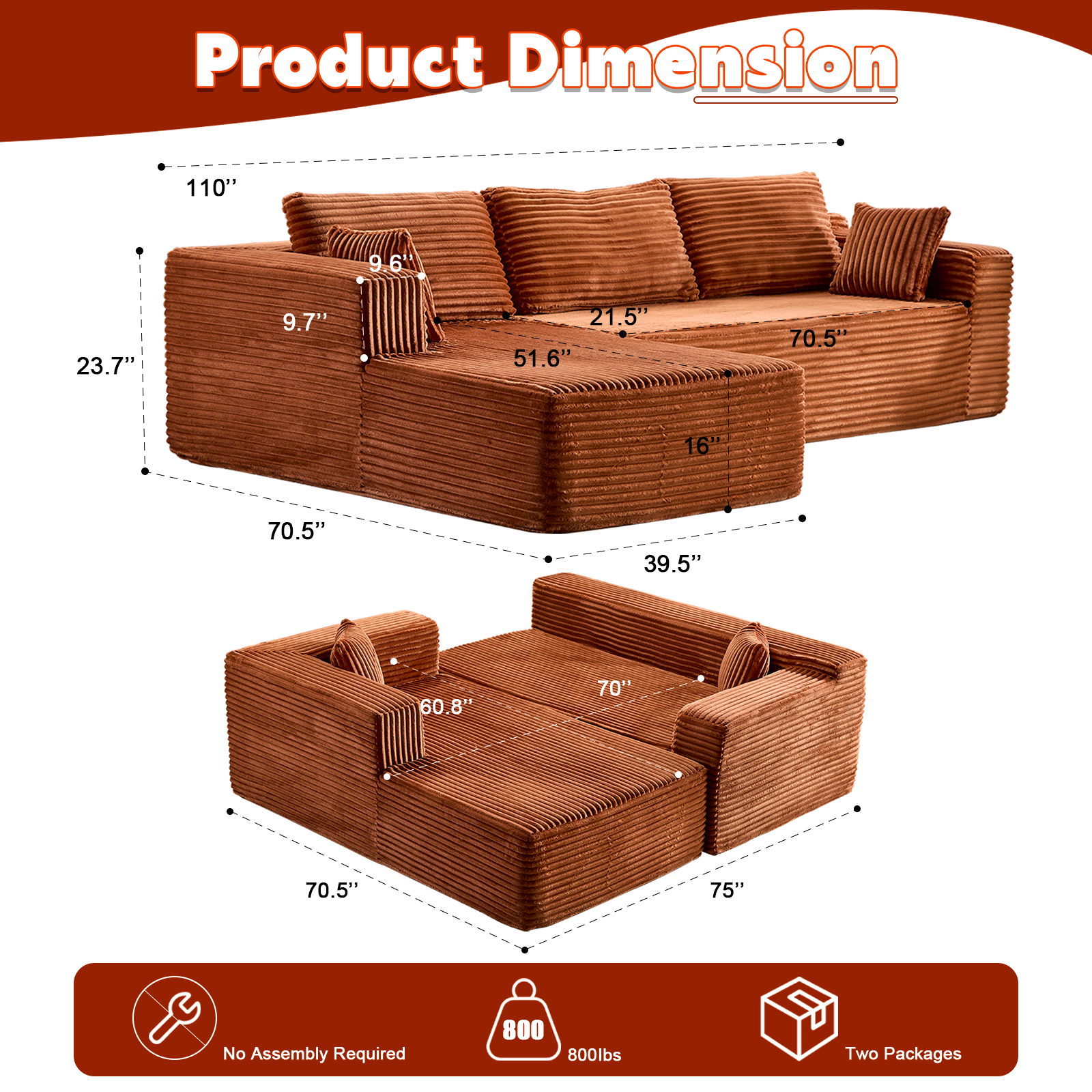 Brown corduroy sectional couch layout with chaise, measurement view and dimensions