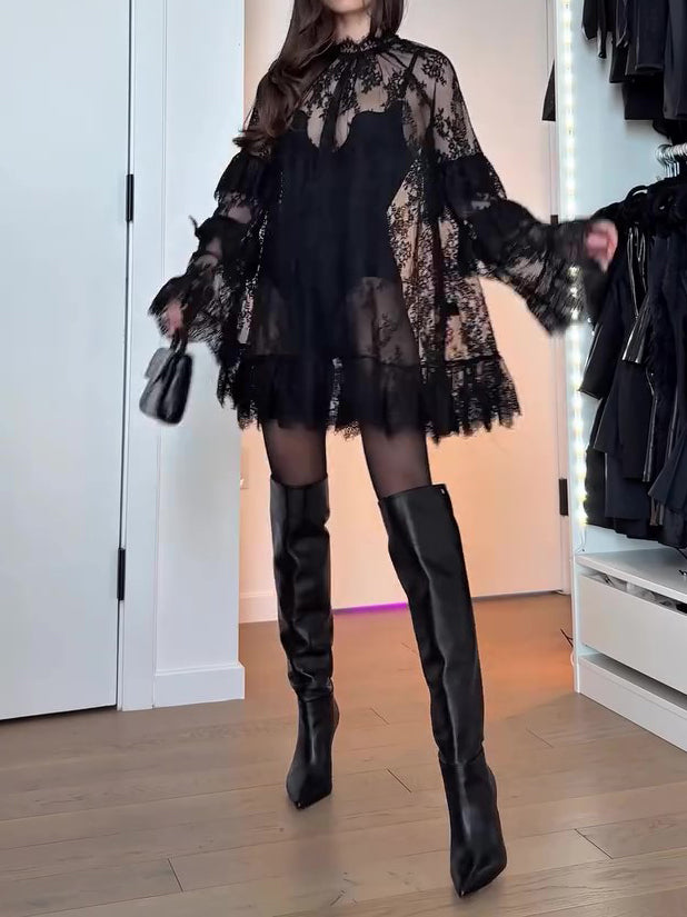 Vestido de encaje transparente de manga larga