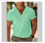 Men's loose short-sleeve henley beach t-shirt, mint green, V-neck and button placket