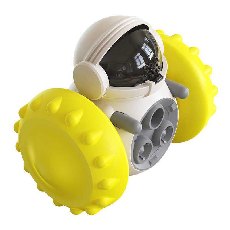 Interactive treat dispenser toy with yellow spiky ball, dark window top, white body