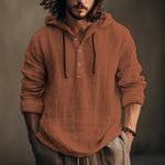 Men's hooded cotton-linen pullover shirt in rust orange with drawstring hood