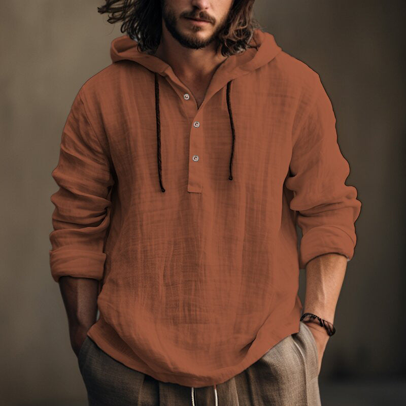 Men's hooded cotton-linen pullover shirt in rust orange with drawstring hood