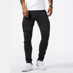 Black denim cargo pants with belt loops and side cargo flap pockets