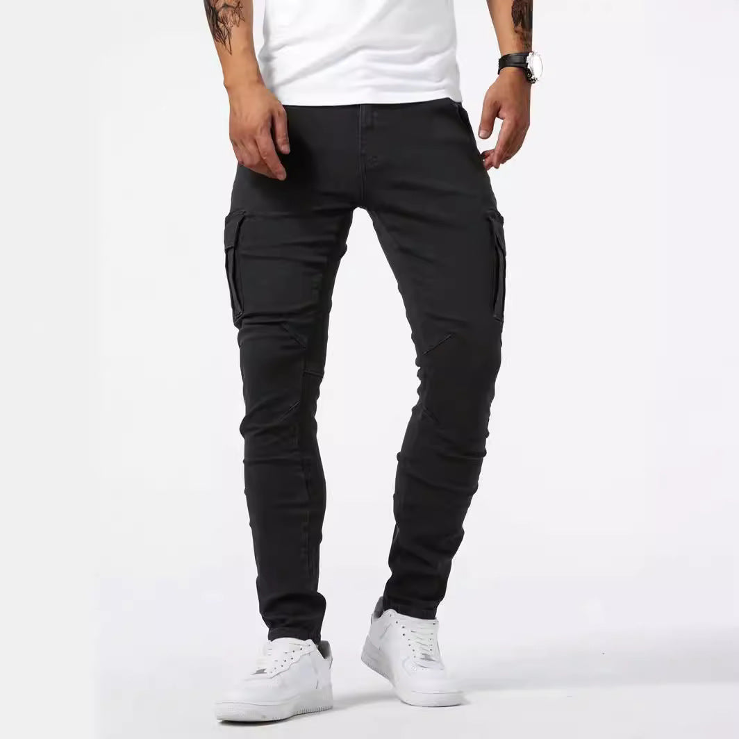 Black denim cargo pants with belt loops and side cargo flap pockets