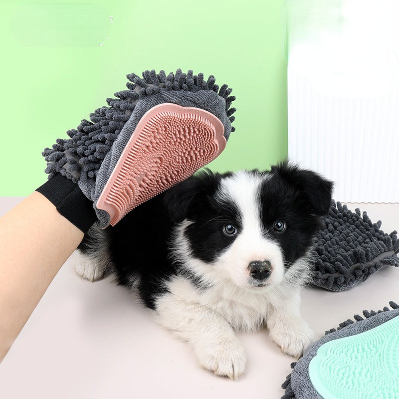 2-in-1 pet grooming glove: gray chenille with pink silicone bristles