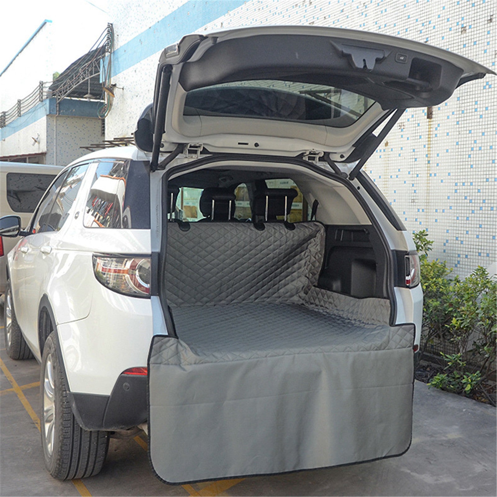 Grey waterproof pet trunk and seat cover mat with quilted top panel