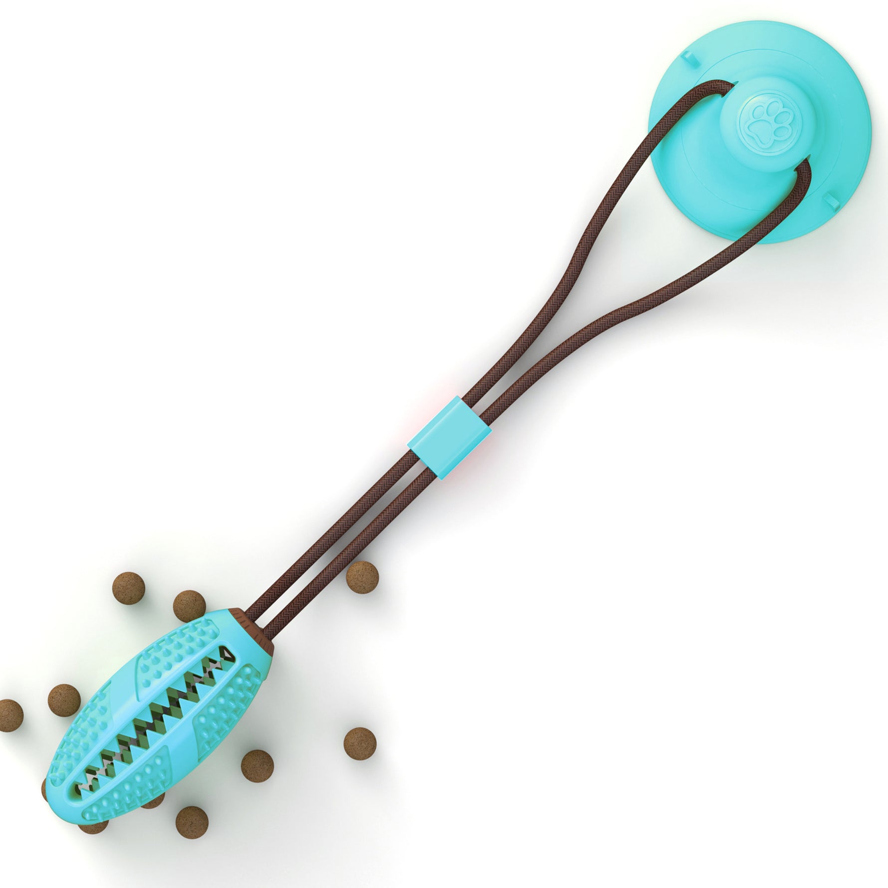 Light blue suction cup tug toy with spiky chew pad and brown cord
