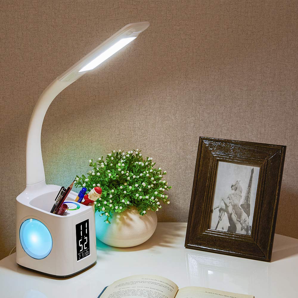Lámpara LED de escritorio de estudio con puerto de carga USB, pantalla, calendario, luz nocturna de colores para niños, lámpara de mesa regulable con soporte para bolígrafos