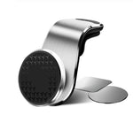 Car air vent phone holder with round magnetic pad and vent clip, silver and black