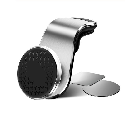 Car air vent phone holder with round magnetic pad and vent clip, silver and black