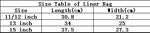 Laptop sleeve size table chart with liner bag measurements in inches and cm