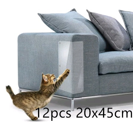 Sofa guard pads featuring a clear PVC protector panel on the armrest, cat paw raised