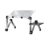 Silver laptop stand with folding legs and adjustable angle, include separate mouse pad