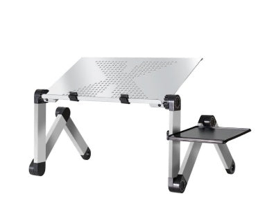 Silver laptop stand with folding legs and adjustable angle, include separate mouse pad