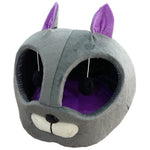 Cat-shaped pet bed, dark gray plush with purple-lined oval opening and black nose