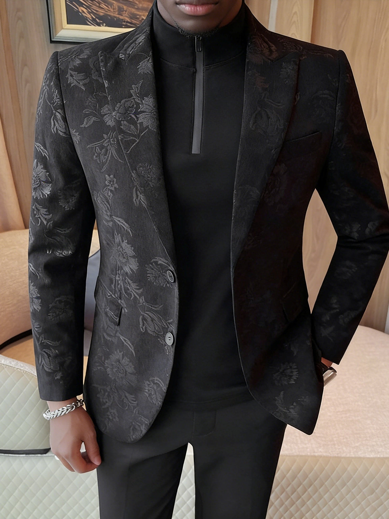 Men's Slim Fit Floral Print Blazer – Casual Polyester, Regular Length