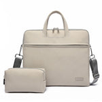Beige PU laptop briefcase with zip pouch, top handle and shoulder strap.