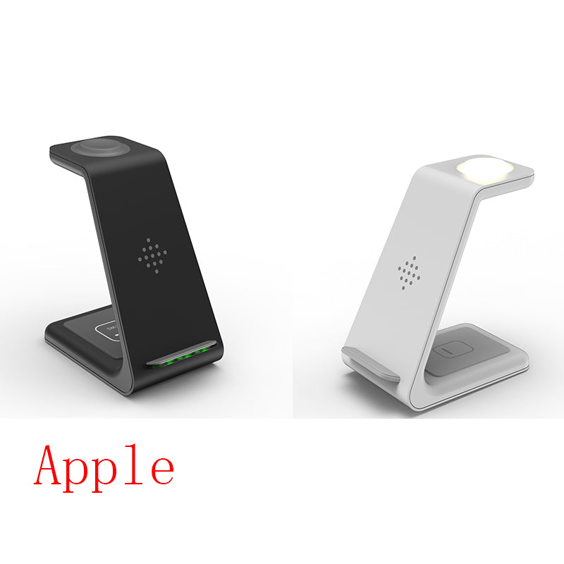 3-in-1 wireless charger stand, black and white with illuminated charging surfaces