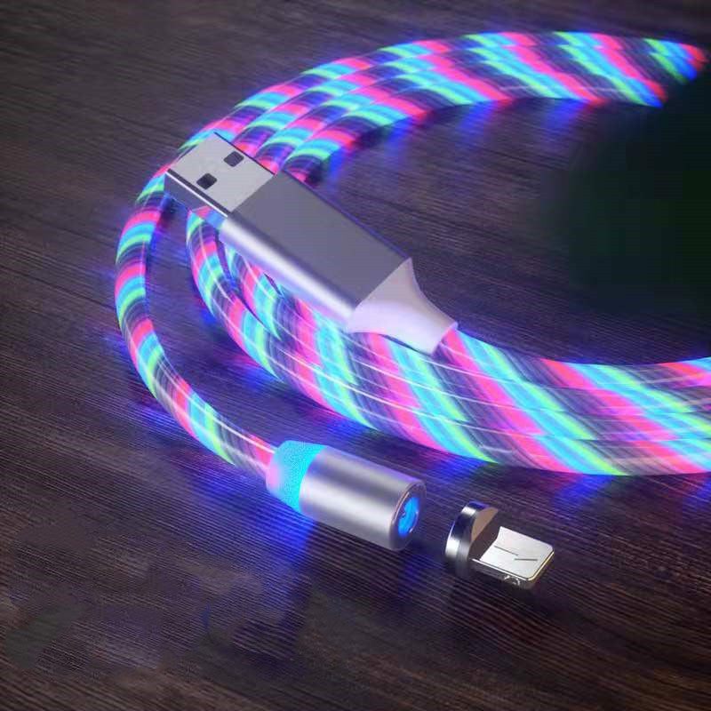 Colorful LED magnetic charging cable with USB-A connector and glowing cylinder charging tip