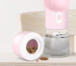 Pink 2-in-1 dog bottle with water reservoir and round food dispenser