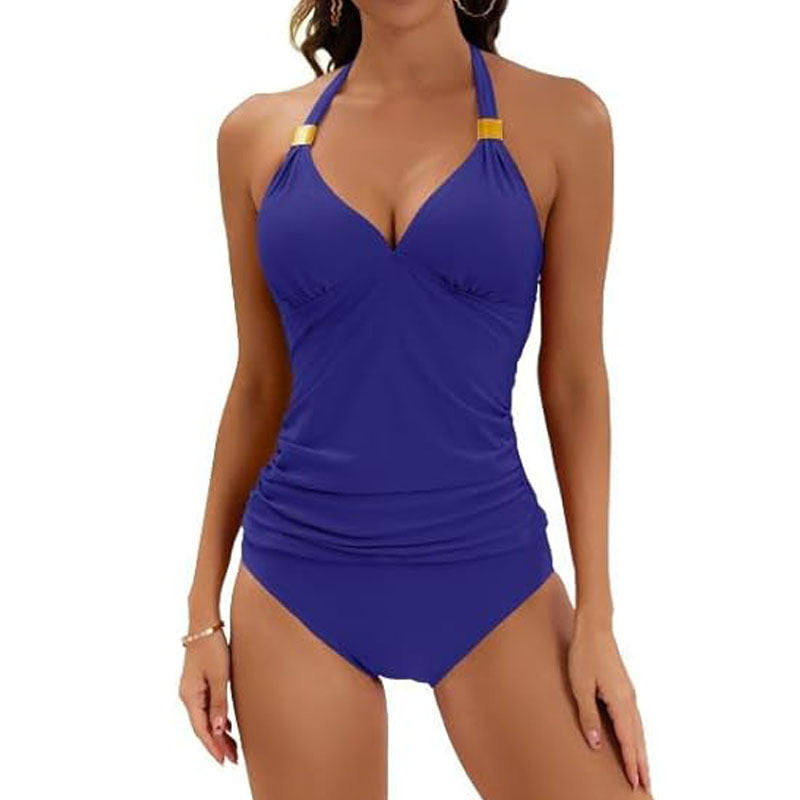 Women's halter split-tie two-piece swimsuit, royal blue halter top and high-cut bottoms