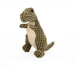 Plush dinosaur dog toy, olive green with white belly and textured scales