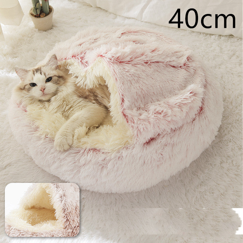 Plush round pet bed with pink inner cushion, 40cm