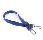 Adjustable dog car seat belt strap in blue with metal clips and buckle adjuster.
