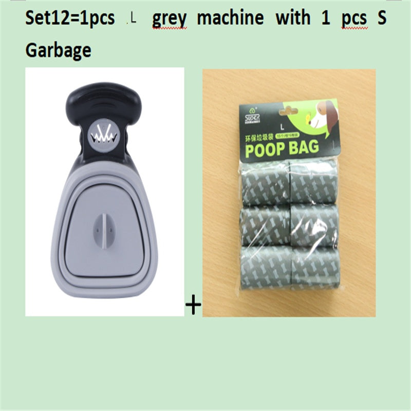 Grey foldable dog poop scooper with black handle top, includes poop bag pack.