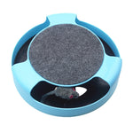 Cat interactive toy with light blue base, gray top pad, and mouse toy